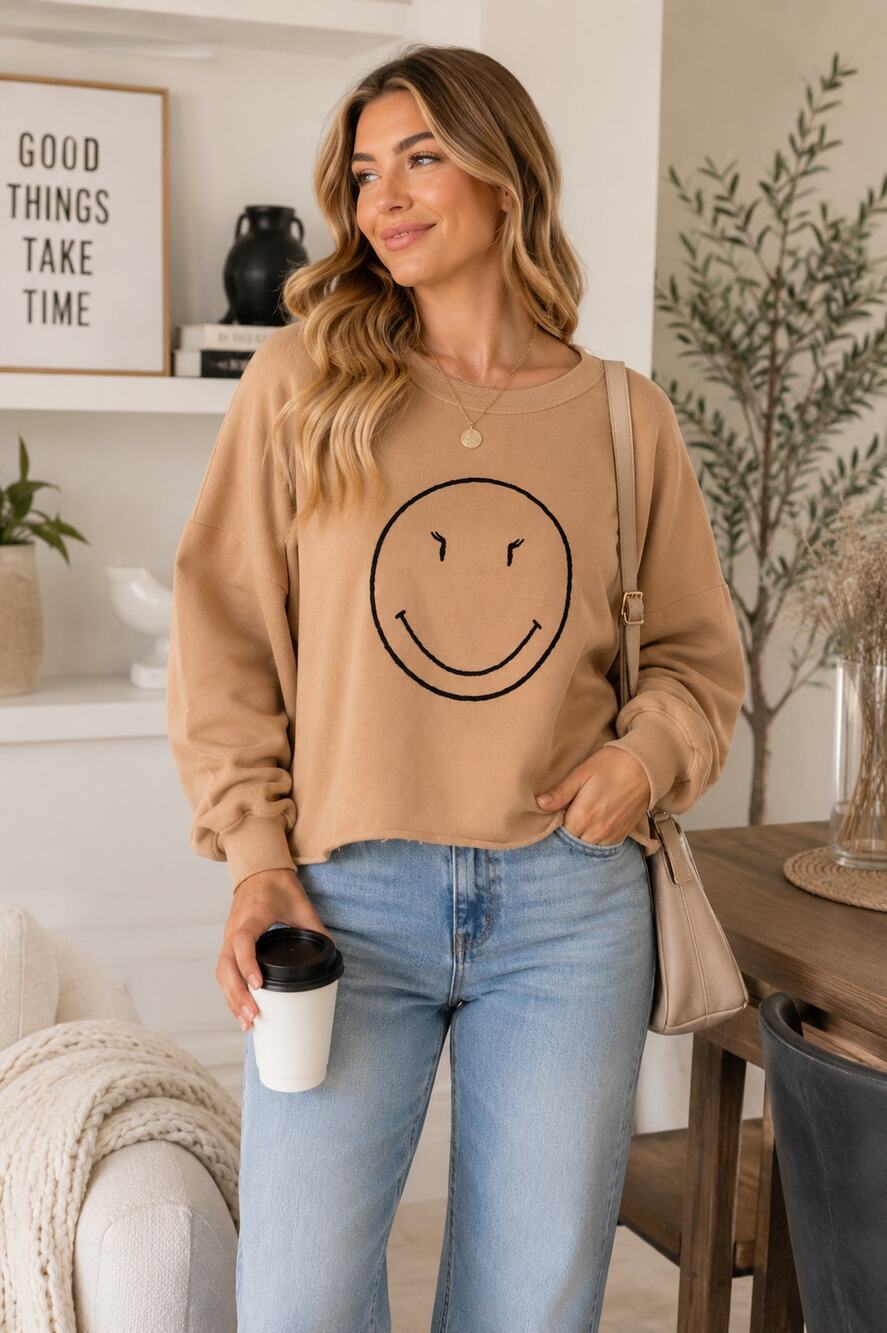 By Together Y Collection Smiley Face Sweatshirt Oversized Fleece Raw Hem, sz S